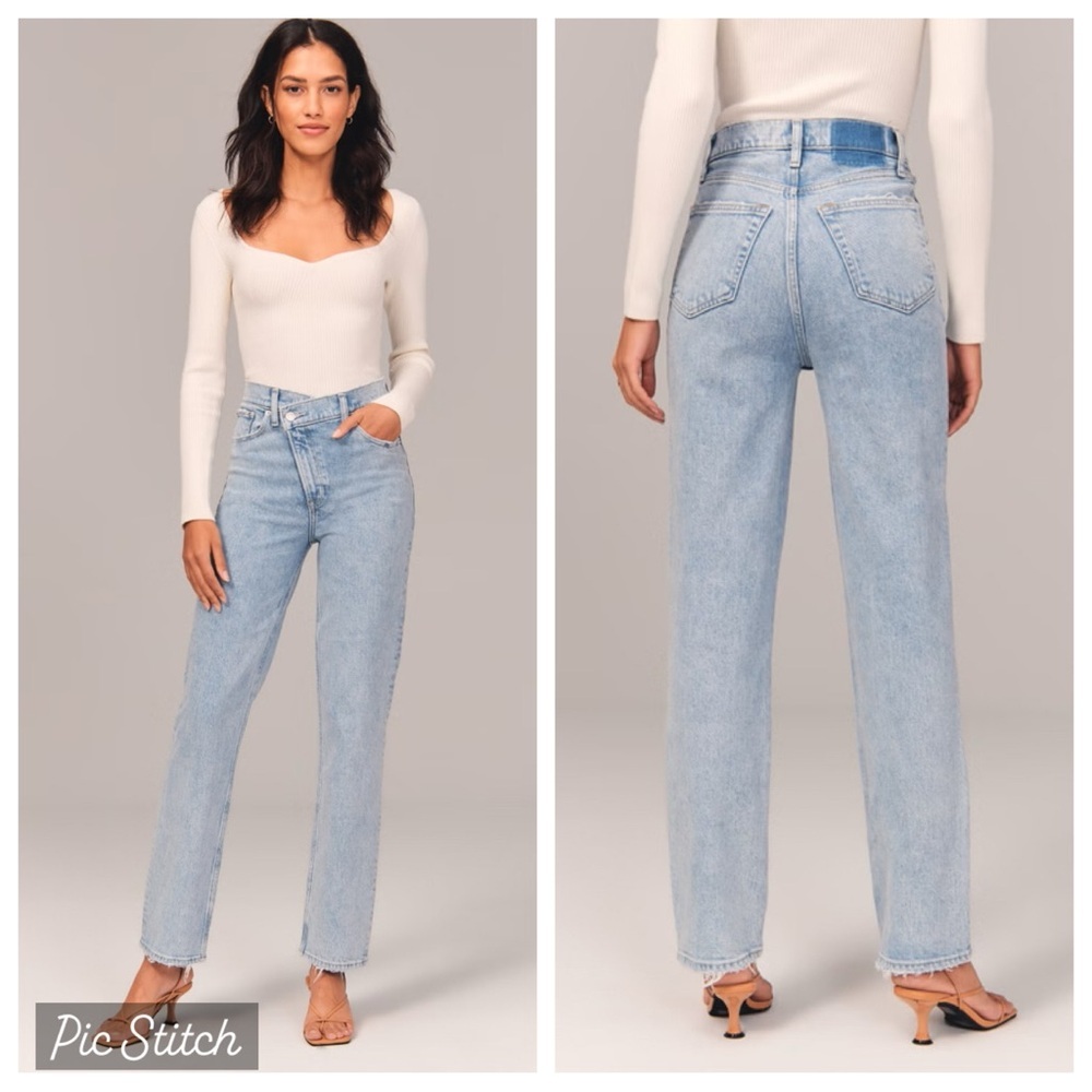 Abercrombie & Fitch 90s straight ultra high rise light wash asymmetric hem jeans